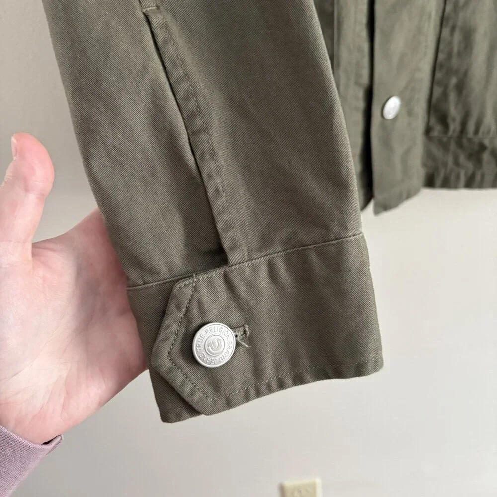 True Religion Men S Olive Green Casual Button Front Buddha Logo Military Jacket